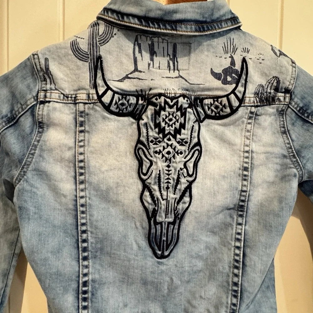 Desigual Girls 7/8 Western‎ Denim Jacket Bull Skull Embroidered Rodeo